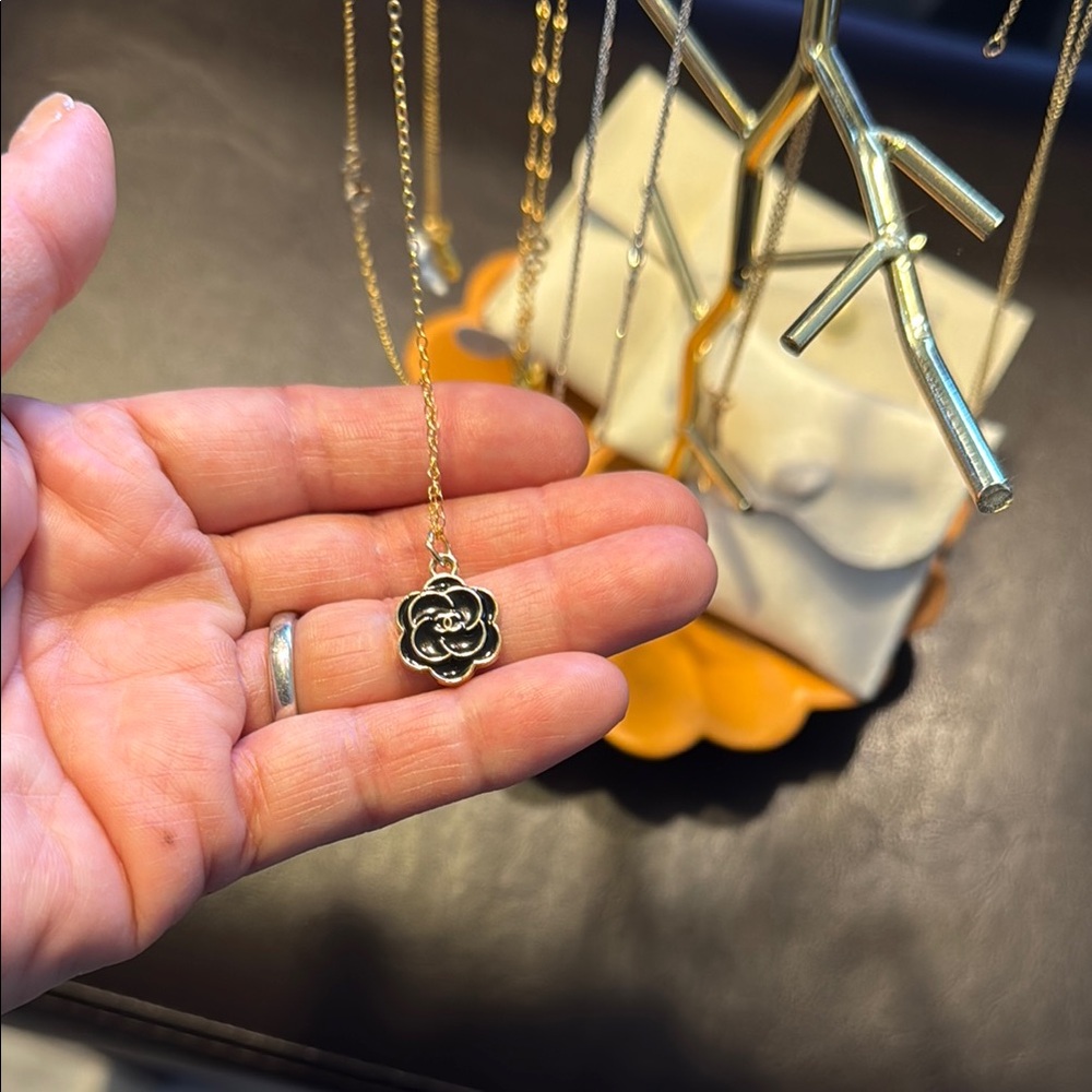 Elegant Gold Flower Pendant Necklace up cycled Chanel luxury bag charm